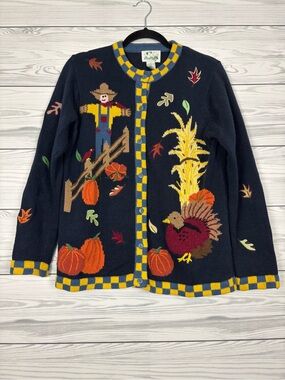 The Quacker Factory navy blue Halloween fall cardigan size small pumpkins